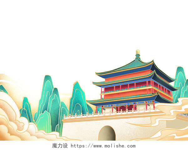 彩色手绘中国风国潮风古风古建筑祥云山国潮元素PNG素材